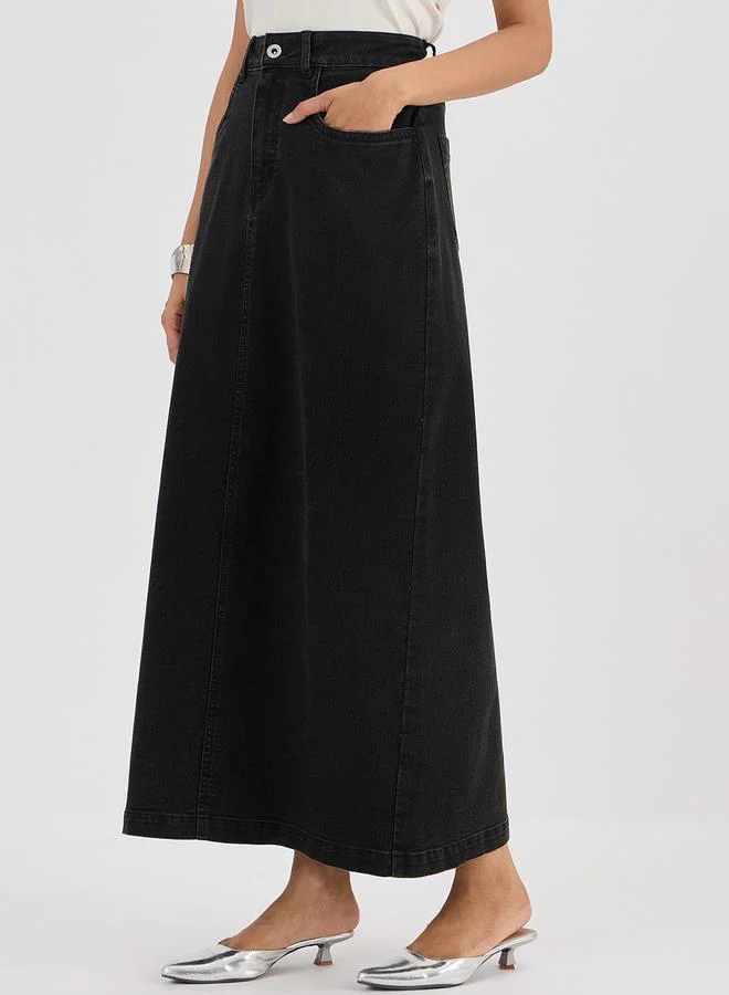 Femmella Black Denim A-Line Maxi Skirt