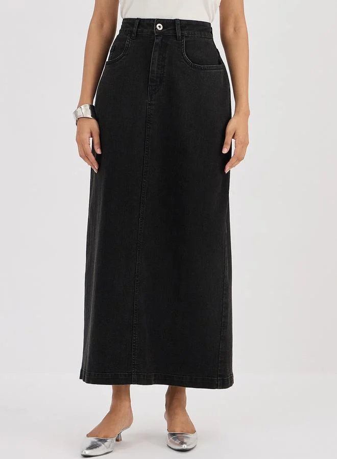 Black Denim A-Line Maxi Skirt