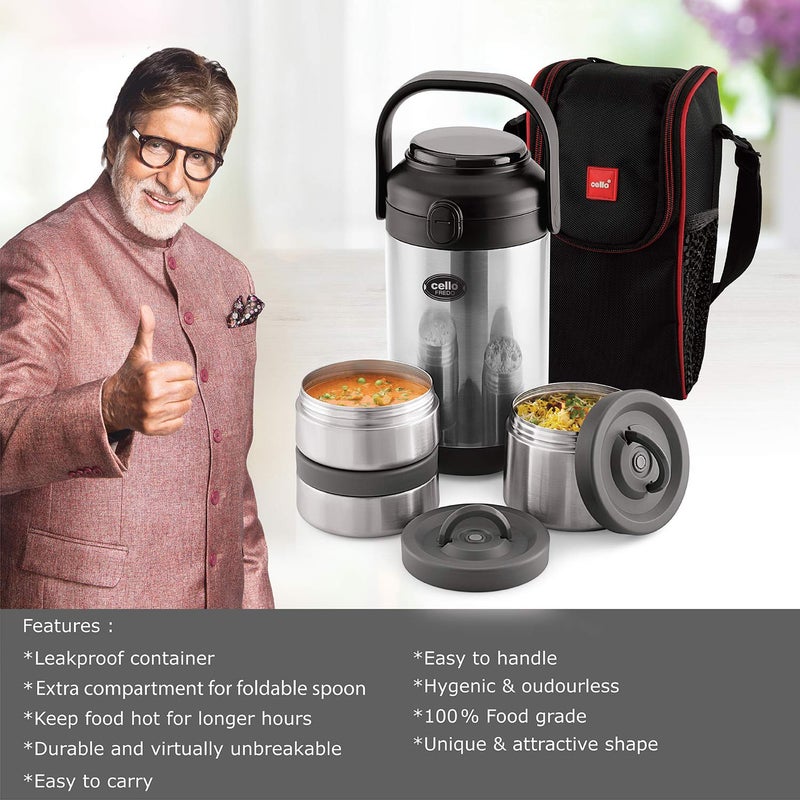 Cello CELLO Fredo Stainless Steel Double Walled Lunch Box with 3 Containers | Insulated Lunch Box |Leak Proof | Food Grade | Easy to Carry | Ideal for Offices, Travel  - Image 2