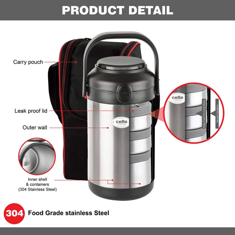 Cello CELLO Fredo Stainless Steel Double Walled Lunch Box with 3 Containers | Insulated Lunch Box |Leak Proof | Food Grade | Easy to Carry | Ideal for Offices, Travel  - Image 3