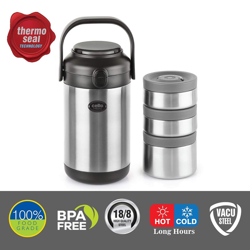Cello CELLO Fredo Stainless Steel Double Walled Lunch Box with 3 Containers | Insulated Lunch Box |Leak Proof | Food Grade | Easy to Carry | Ideal for Offices, Travel  - Image 5