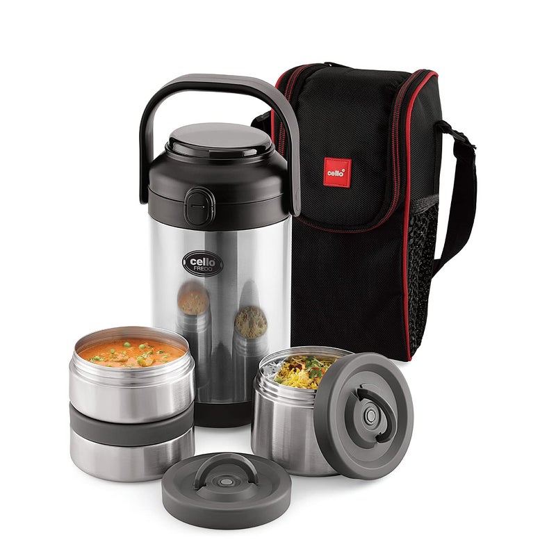 Cello CELLO Fredo Stainless Steel Double Walled Lunch Box with 3 Containers | Insulated Lunch Box |Leak Proof | Food Grade | Easy to Carry | Ideal for Offices, Travel  - Image 1
