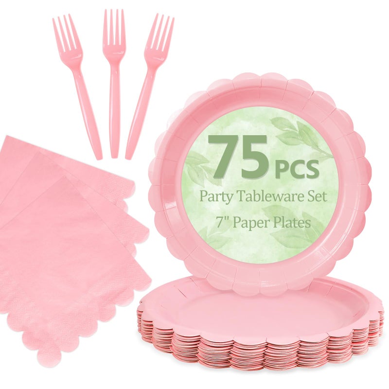 Mulbozy 75 Pink Paper Plates and Napkins Disposable Set Includes Dessert Cake Scalloped Plates, Cocktail Napkins, Forks for for Holiday Party Supplies - Image 1