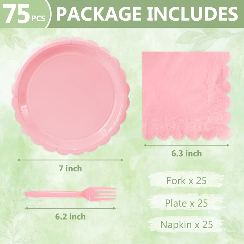 Mulbozy 75 Pink Paper Plates and Napkins Disposable Set Includes Dessert Cake Scalloped Plates, Cocktail Napkins, Forks for for Holiday Party Supplies - Image 2