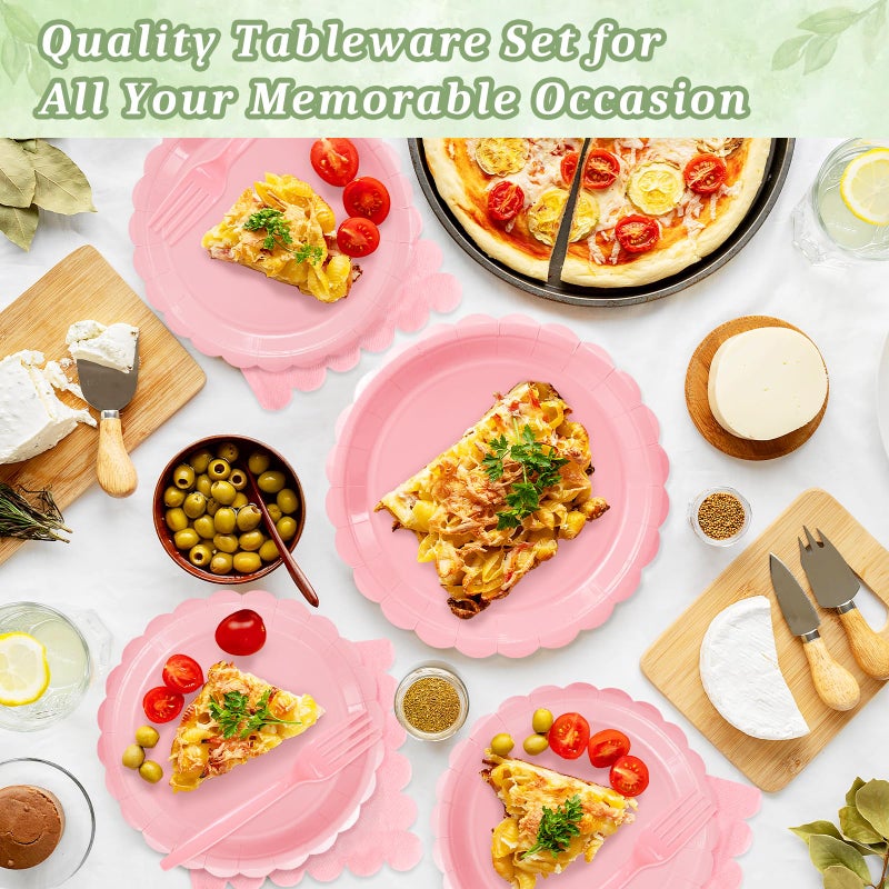 Mulbozy 75 Pink Paper Plates and Napkins Disposable Set Includes Dessert Cake Scalloped Plates, Cocktail Napkins, Forks for for Holiday Party Supplies - Image 3