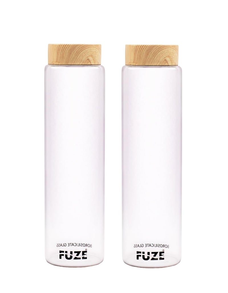 Fuze Borosilicate Glass Fridge Bottle with Stylish Wood finish Cap, 1000ml (2) - Image 1