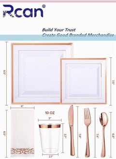 Rcan 175 Pcs/set Rose Gold Upscale Wedding Dining Party Disposable Plastic Cutlery Set, Party Supplies Square Plate, Spoon, Fork, Knife, Cup, Napkins, Party Tableware (25 Guest)  - Image 5