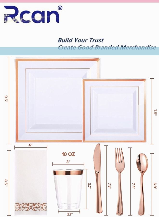 ركان 175 قطعة / مجموعة من الذهب الوردي الراقي لحفلات الزفاف ، مجموعة أدوات مائدة بلاستيكية يمكن التخلص منها ، لوازم الحفلات لوحة مربعة ، ملعقة ، شوكة ، سكين ، كوب ، مناديل ، أدوات مائدة للحفلات (25 ضيفًا) - Image 5