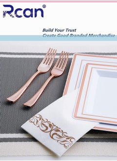 Rcan 175 Pcs/set Rose Gold Upscale Wedding Dining Party Disposable Plastic Cutlery Set, Party Supplies Square Plate, Spoon, Fork, Knife, Cup, Napkins, Party Tableware (25 Guest)  - Image 2