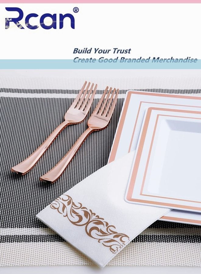 ركان 175 قطعة / مجموعة من الذهب الوردي الراقي لحفلات الزفاف ، مجموعة أدوات مائدة بلاستيكية يمكن التخلص منها ، لوازم الحفلات لوحة مربعة ، ملعقة ، شوكة ، سكين ، كوب ، مناديل ، أدوات مائدة للحفلات (25 ضيفًا) - Image 2