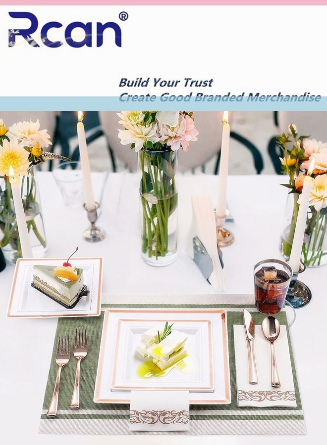 ركان 175 قطعة / مجموعة من الذهب الوردي الراقي لحفلات الزفاف ، مجموعة أدوات مائدة بلاستيكية يمكن التخلص منها ، لوازم الحفلات لوحة مربعة ، ملعقة ، شوكة ، سكين ، كوب ، مناديل ، أدوات مائدة للحفلات (25 ضيفًا) - Image 3