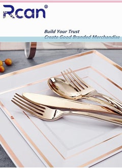 Rcan 175 Pcs/set Rose Gold Upscale Wedding Dining Party Disposable Plastic Cutlery Set, Party Supplies Square Plate, Spoon, Fork, Knife, Cup, Napkins, Party Tableware (25 Guest)  - Image 4