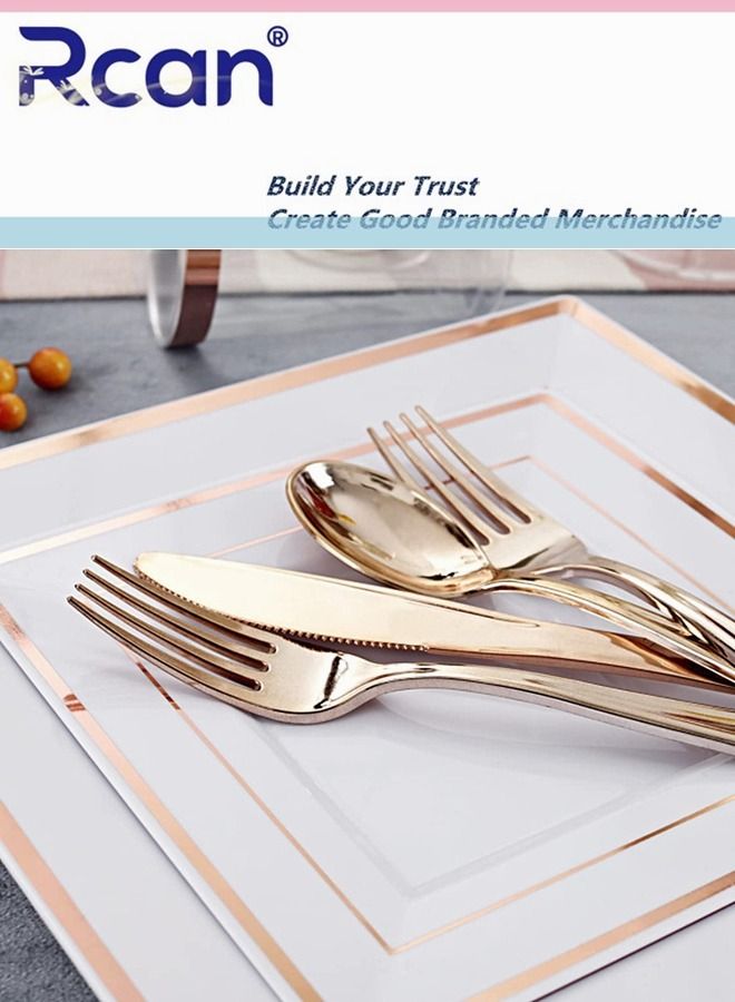 ركان 175 قطعة / مجموعة من الذهب الوردي الراقي لحفلات الزفاف ، مجموعة أدوات مائدة بلاستيكية يمكن التخلص منها ، لوازم الحفلات لوحة مربعة ، ملعقة ، شوكة ، سكين ، كوب ، مناديل ، أدوات مائدة للحفلات (25 ضيفًا) - Image 4