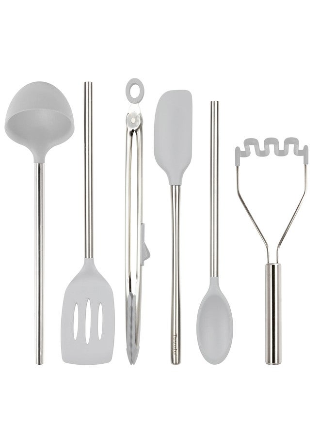 Tovolo Silicone Cooking Utensil Set of 6 Stainless Steel Handle Ladle Slotted Turner Tongs Flex Core Spatula Scraper Mixing Spoon & Potato Masher, Dishwasher Safe BPA Free Utensils, Oyster Gray - Image 1