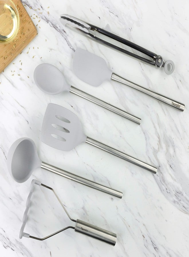 Tovolo Silicone Cooking Utensil Set of 6 Stainless Steel Handle Ladle Slotted Turner Tongs Flex Core Spatula Scraper Mixing Spoon & Potato Masher, Dishwasher Safe BPA Free Utensils, Oyster Gray - Image 3
