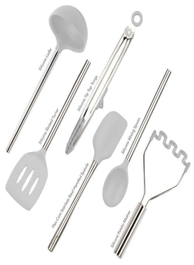 Tovolo Silicone Cooking Utensil Set of 6 Stainless Steel Handle Ladle Slotted Turner Tongs Flex Core Spatula Scraper Mixing Spoon & Potato Masher, Dishwasher Safe BPA Free Utensils, Oyster Gray - Image 2