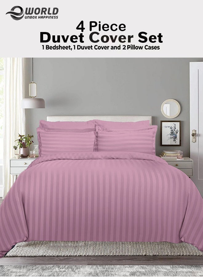إي وورلد طقم لحاف مخطط فاخر لكل المواسم – طقم 4 قطع باللون وردي | حجم كينغ 220×240 سم | فائق النعومة، مقاوم للتجاعيد ومصنوع في دبي | يشمل غطاء لحاف، ملاءة مطاطية (200×200 سم) و2 كيس وسادة (50×70 سم) - Image 1