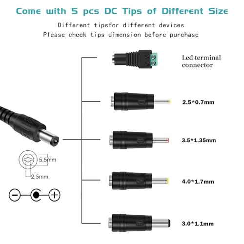 Mareisa 12V DC Power Supply, 12V 2A Power Adapter 5.5 * 2.5mm UL Listed for LED Strip Light CCTV Camera BT Speaker GPS Webcam Router for Yamaha Keyboard, Comes with a Power Switch and 5 Tips - Image 5