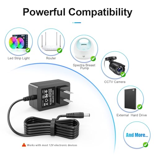 Mareisa 12V DC Power Supply, 12V 2A Power Adapter 5.5 * 2.5mm UL Listed for LED Strip Light CCTV Camera BT Speaker GPS Webcam Router for Yamaha Keyboard, Comes with a Power Switch and 5 Tips - Image 2