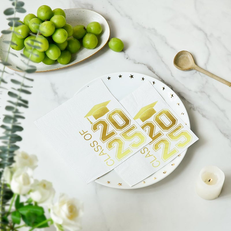 Horaldaily Horaldaily 100 Class of 2025 Graduation Disposable Cocktail Paper Decorative Luncheon Napkins  White and Gold Foil College High School Grad Celebration Hand Towel Party Lunch Dinner Kitchen Bathroom - Image 4