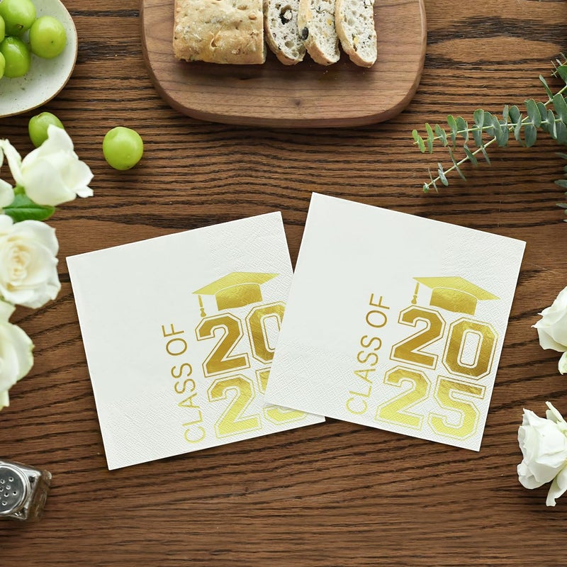 Horaldaily Horaldaily 100 Class of 2025 Graduation Disposable Cocktail Paper Decorative Luncheon Napkins  White and Gold Foil College High School Grad Celebration Hand Towel Party Lunch Dinner Kitchen Bathroom - Image 2