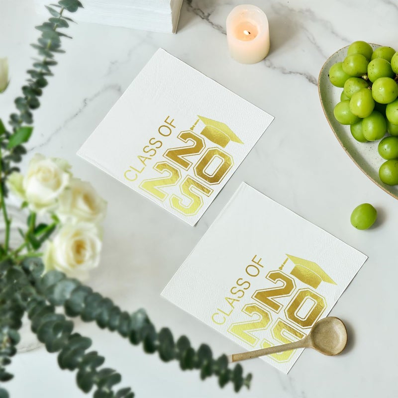 Horaldaily Horaldaily 100 Class of 2025 Graduation Disposable Cocktail Paper Decorative Luncheon Napkins  White and Gold Foil College High School Grad Celebration Hand Towel Party Lunch Dinner Kitchen Bathroom - Image 3