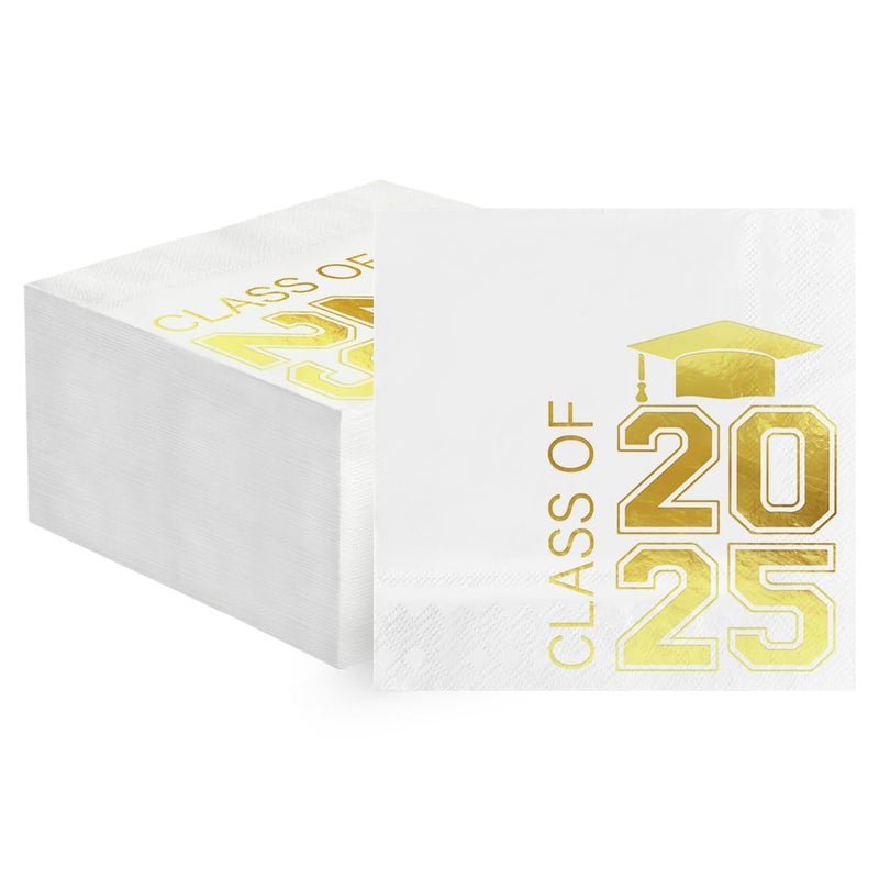 Horaldaily Horaldaily 100 Class of 2025 Graduation Disposable Cocktail Paper Decorative Luncheon Napkins  White and Gold Foil College High School Grad Celebration Hand Towel Party Lunch Dinner Kitchen Bathroom - Image 1