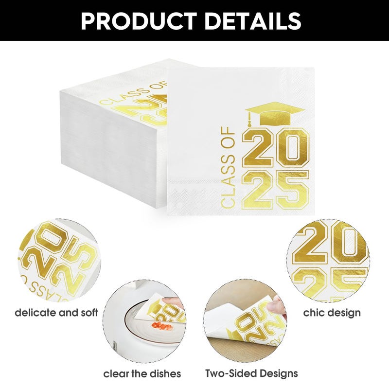 Horaldaily Horaldaily 100 Class of 2025 Graduation Disposable Cocktail Paper Decorative Luncheon Napkins  White and Gold Foil College High School Grad Celebration Hand Towel Party Lunch Dinner Kitchen Bathroom - Image 5