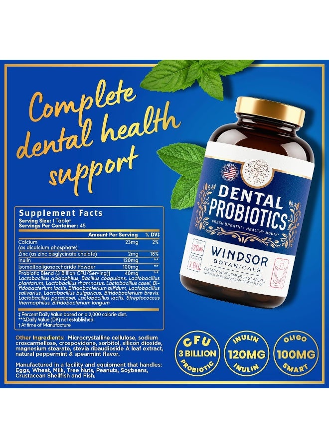 Windsor Dental Probiotics Bad Breath Treatment by Windsor Botanicals - Chemical-Free, 3 Billion CFU - L Paracasei, Reuteri, Sakei, Salivarius for Balanced Oral Health - 45 Mint Tablets  - Image 5