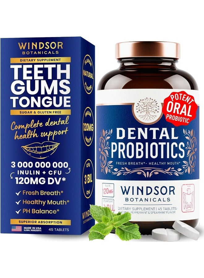 Windsor Dental Probiotics Bad Breath Treatment by Windsor Botanicals - Chemical-Free, 3 Billion CFU - L Paracasei, Reuteri, Sakei, Salivarius for Balanced Oral Health - 45 Mint Tablets  - Image 1