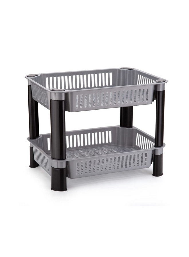 PULSBERY رف خضار بلاستيكي PULSBERY لتخزين المطبخ، منظم خضار، حامل لسلة المطبخ، المكتب، غرفة النوم، المطبخ، الحمام، حامل الفواكه والبصل والبطاطس (طبقتين، رمادي) - Image 1