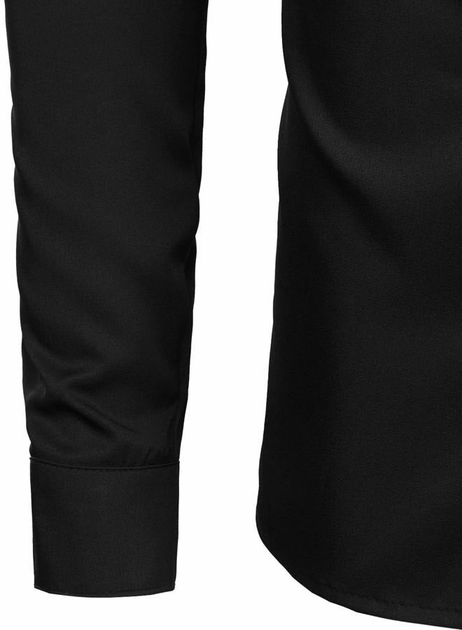 ZEROYAA Men's Banded Collar Slim Fit Long Sleeve Casual Button Down Dress Shirts with Pocket, Black, M - Image 2