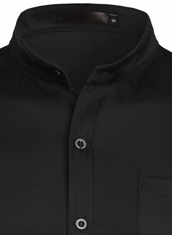 ZEROYAA Men's Banded Collar Slim Fit Long Sleeve Casual Button Down Dress Shirts with Pocket, Black, M - Image 4