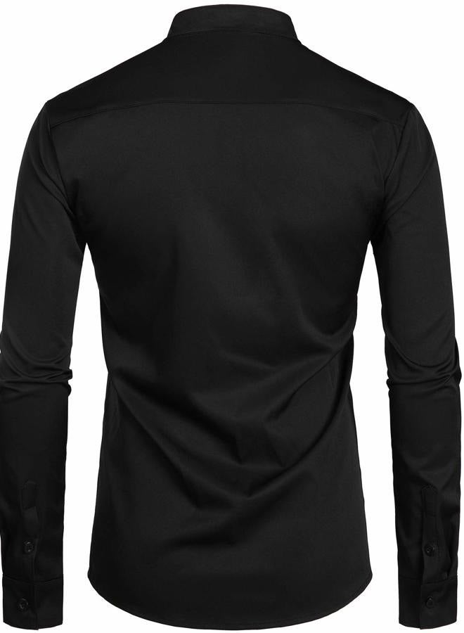 ZEROYAA Men's Banded Collar Slim Fit Long Sleeve Casual Button Down Dress Shirts with Pocket, Black, M - Image 3