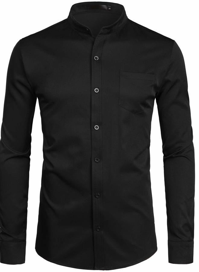 ZEROYAA Men's Banded Collar Slim Fit Long Sleeve Casual Button Down Dress Shirts with Pocket, Black, M - Image 1