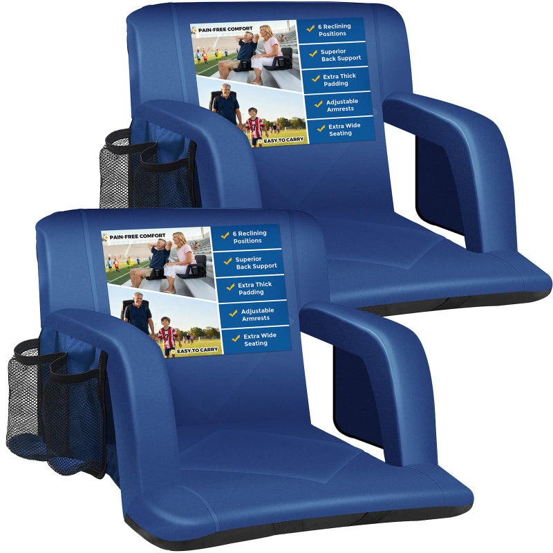 Sheenive Stadium Seat with Back Support Padded Bleacher Chairs with Back and Cushion, Portable Folding Bleacher Seat with Armrest, 6 Reclining Positions, Large Stadium Seat with Cup Holders & Pockets - Image 1