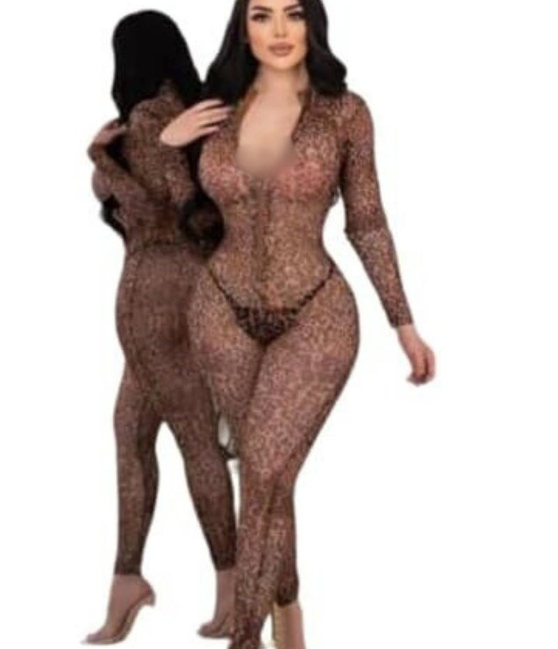 بودي سوت نسائي بنقشة ليوبارد جمبسوت كامل الجسم بخامة شبكية مرنة وخفيفة وأكمام طويلة وتصميم مريح وعصري مناسب للاستخدام المنزلي اليومي وملابس الراحة النسائية - Image 1
