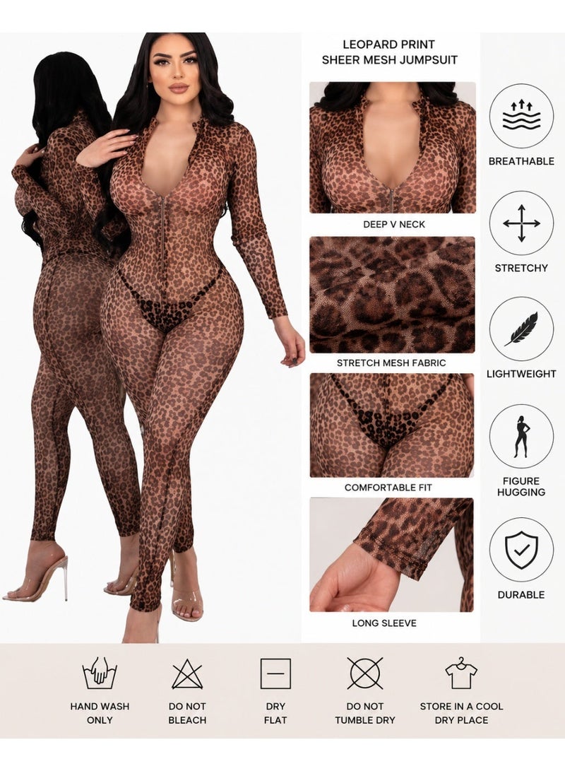 بودي سوت نسائي بنقشة ليوبارد جمبسوت كامل الجسم بخامة شبكية مرنة وخفيفة وأكمام طويلة وتصميم مريح وعصري مناسب للاستخدام المنزلي اليومي وملابس الراحة النسائية - Image 2