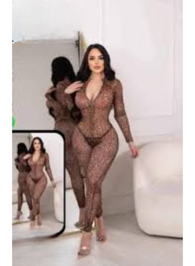 بودي سوت نسائي بنقشة ليوبارد جمبسوت كامل الجسم بخامة شبكية مرنة وخفيفة وأكمام طويلة وتصميم مريح وعصري مناسب للاستخدام المنزلي اليومي وملابس الراحة النسائية - Image 3