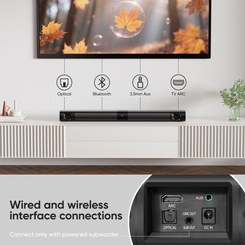WebsLand Sound Bar for Smart TV, 80W Soundbar with Four Woofers, Dual Horn Tweeters, 2.0 Channel TV Speaker, 2 in 1 Detachable Design, BT/ARC/AUX/Optical Connection, Surround Sound System for TV - Image 5