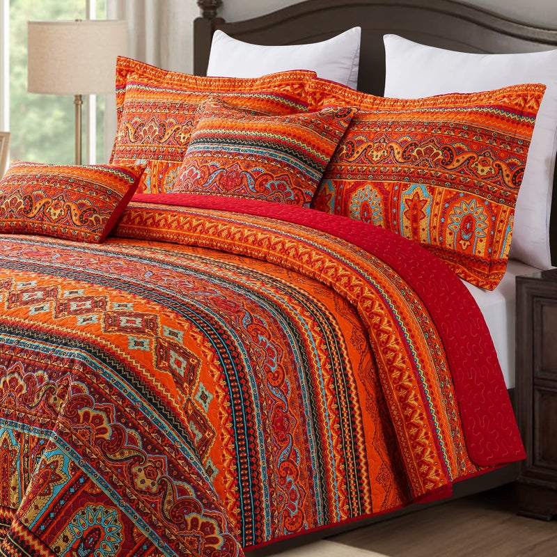BEDIFANY Cotton Quilts Queen Size Set - Lightweight Bedspreads Queen Size - Soft Colorful Orange Quilted Quilt Bedding Sets (90 * 98 Inch) with 2 Pillow Shams for Bed Decoration Coverlet, 3 Pieces - Image 3