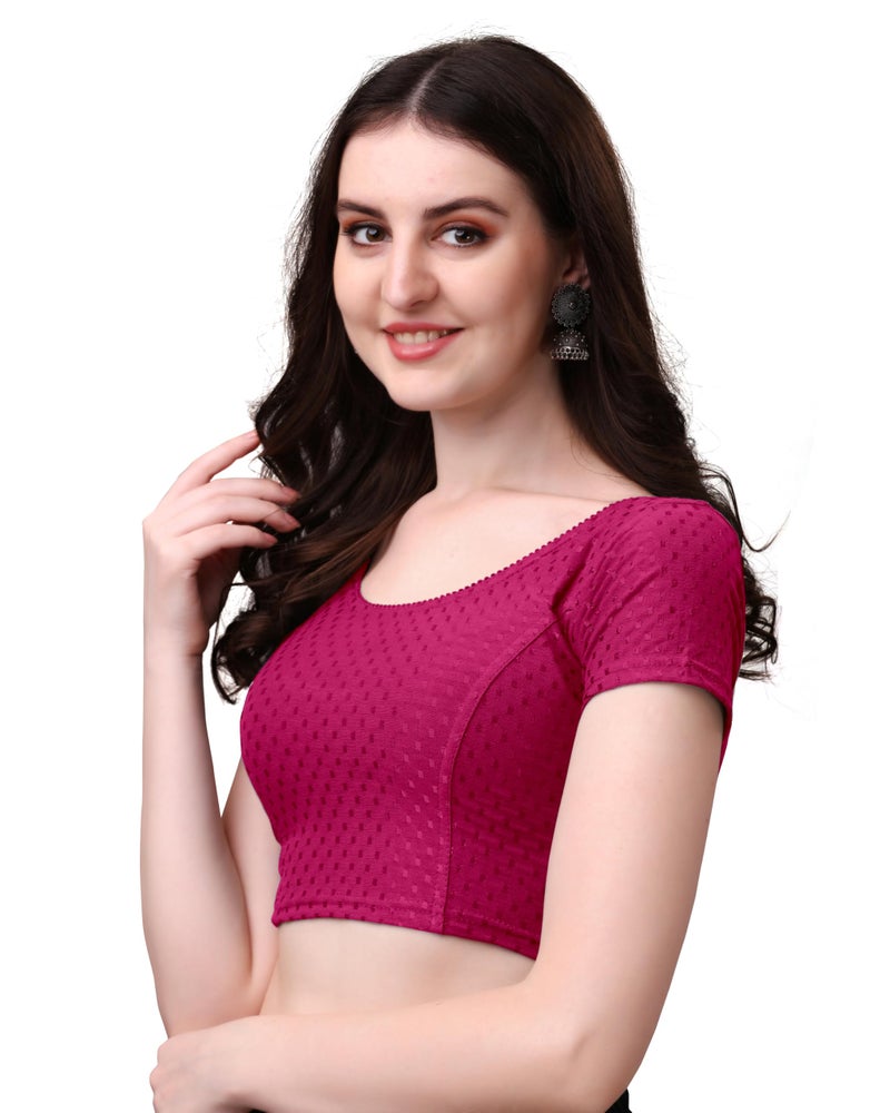 Kipzy Women's Cotton Stretchable Saree Blouse – Round Neck, Short Sleeves, Readymade Slim Fit Blouse for Women Rani, 34 - Image 5