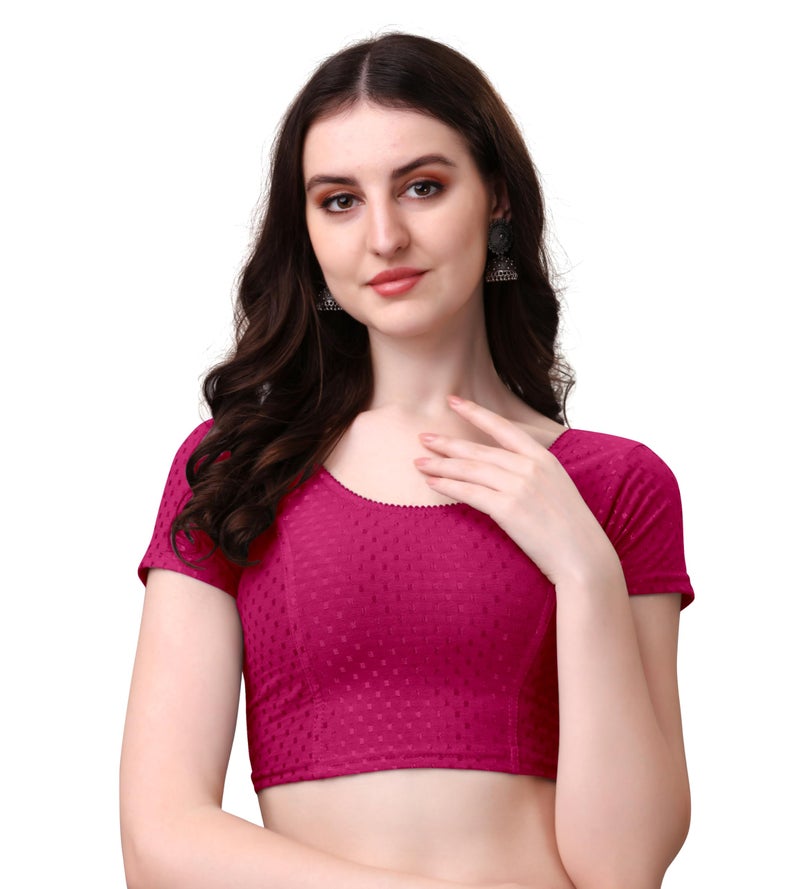 Kipzy Women's Cotton Stretchable Saree Blouse – Round Neck, Short Sleeves, Readymade Slim Fit Blouse for Women Rani, 34 - Image 1