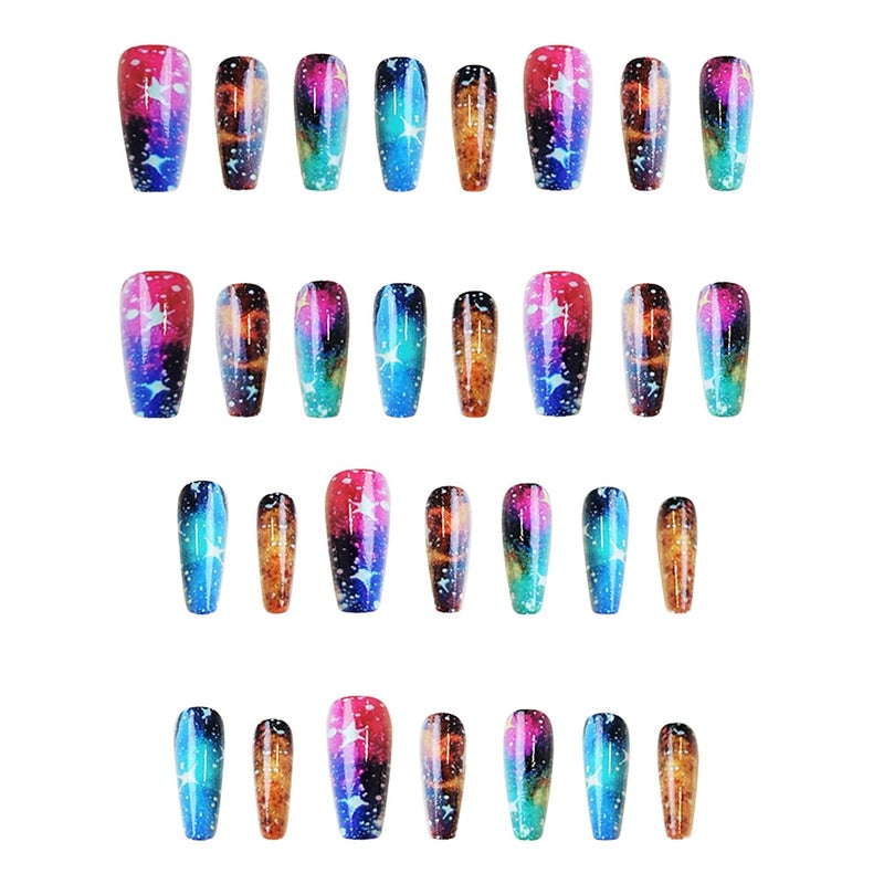 TBRZTR Press On Nails Medium Ballet Shaped False Nails 24Pcs Multi Color Glitter Stars Pattern Design Glossy Acrylic Nails - Image 3