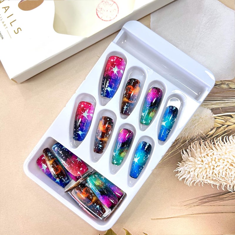 TBRZTR Press On Nails Medium Ballet Shaped False Nails 24Pcs Multi Color Glitter Stars Pattern Design Glossy Acrylic Nails - Image 4