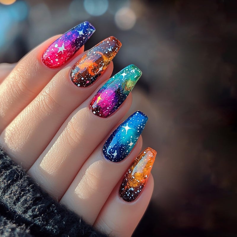 TBRZTR Press On Nails Medium Ballet Shaped False Nails 24Pcs Multi Color Glitter Stars Pattern Design Glossy Acrylic Nails - Image 1