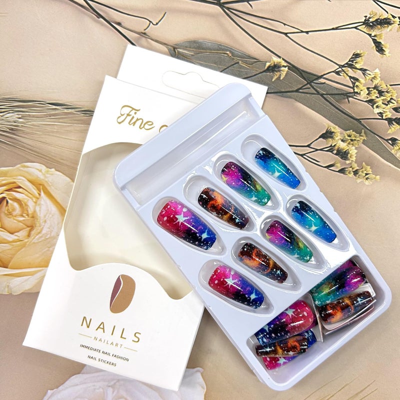 TBRZTR Press On Nails Medium Ballet Shaped False Nails 24Pcs Multi Color Glitter Stars Pattern Design Glossy Acrylic Nails - Image 5
