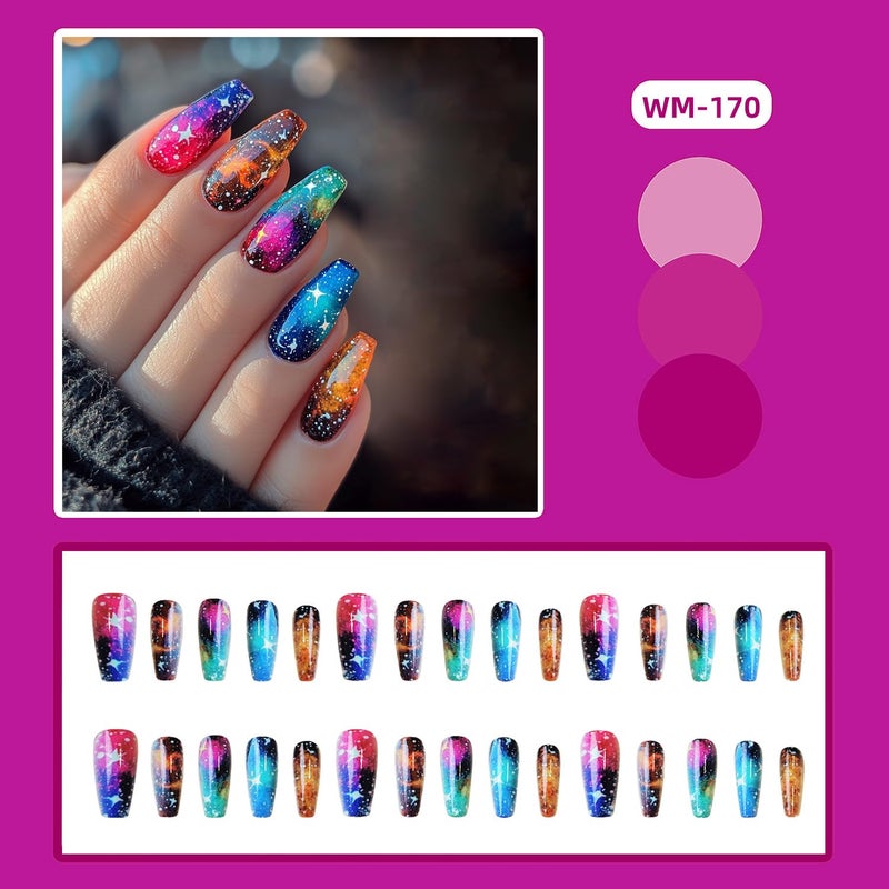 TBRZTR Press On Nails Medium Ballet Shaped False Nails 24Pcs Multi Color Glitter Stars Pattern Design Glossy Acrylic Nails - Image 2