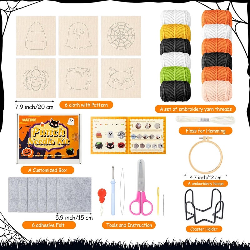 WATINC Punch Needle Coaster Kits - 23Pcs Easy Art Work Decor Craft Supply for Beginners, DIY Set of 6 Unique Pattern Tufted Pads with Adhesive Felt Yarns Tools Coaster Holder Instruction (Orange) - Image 2