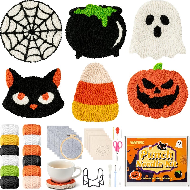 WATINC Punch Needle Coaster Kits - 23Pcs Easy Art Work Decor Craft Supply for Beginners, DIY Set of 6 Unique Pattern Tufted Pads with Adhesive Felt Yarns Tools Coaster Holder Instruction (Orange) - Image 1